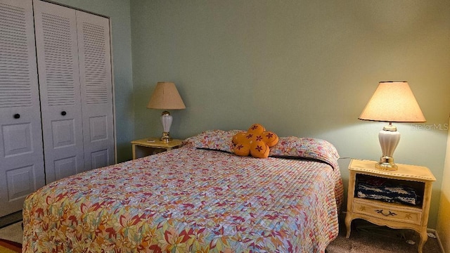 bedroom with carpet and a closet