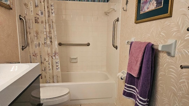 bathroom featuring wallpapered walls, toilet, shower / tub combo with curtain, and vanity