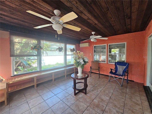 sunroom / solarium with wood ceiling and a wall unit AC