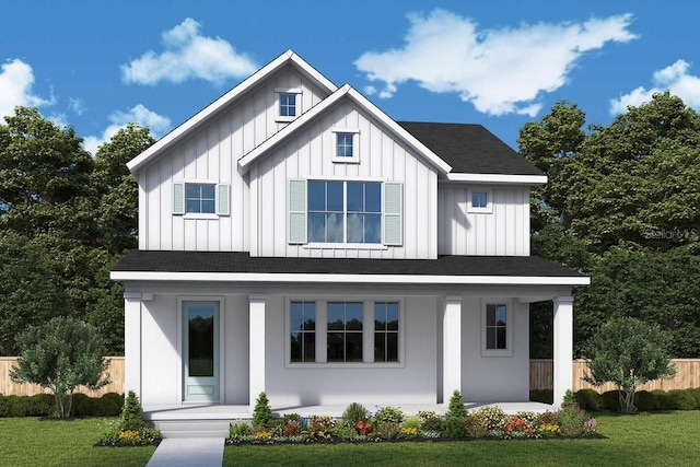 modern inspired farmhouse featuring a shingled roof, covered porch, fence, a front lawn, and board and batten siding