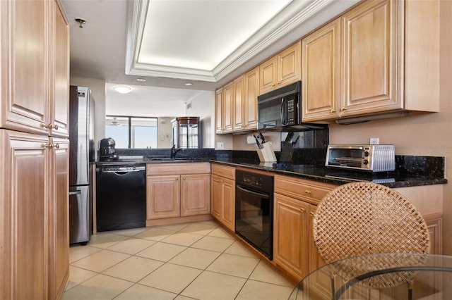 kitchen with sink, ornamental molding, light tile patterned floors, black appliances, and a raised ceiling