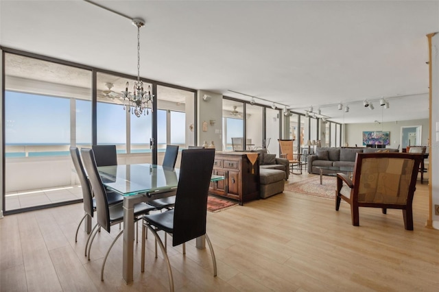 dining space featuring a water view, a healthy amount of sunlight, an inviting chandelier, and light hardwood / wood-style floors