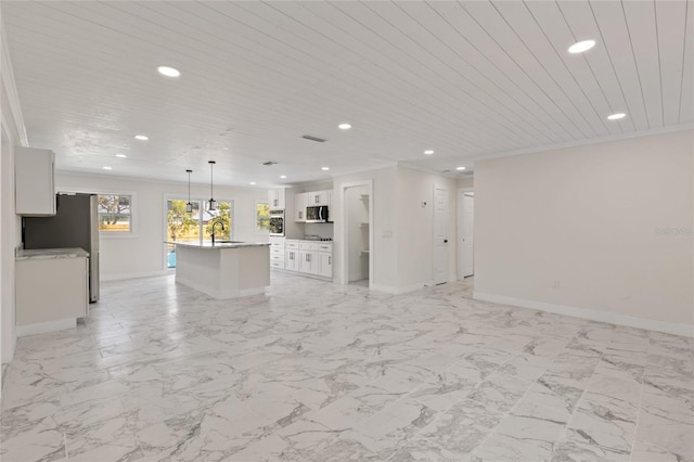 unfurnished living room featuring crown molding, sink, and wooden ceiling