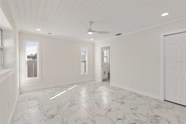 unfurnished room with ceiling fan, a wealth of natural light, ornamental molding, and wooden ceiling