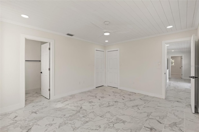 unfurnished bedroom featuring wood ceiling, ornamental molding, and ceiling fan