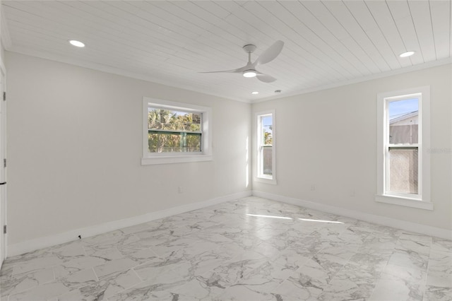 empty room with crown molding, ceiling fan, and wood ceiling