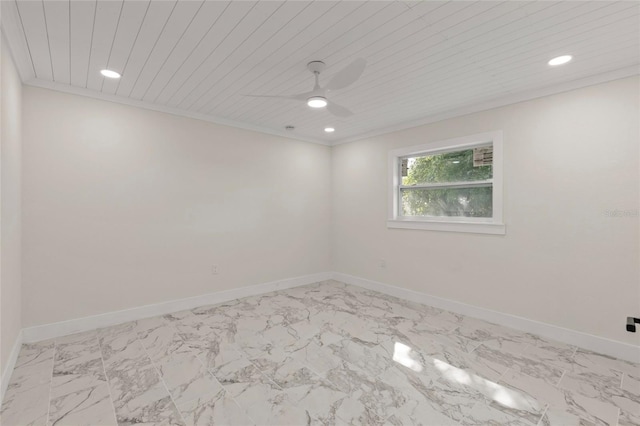 unfurnished room featuring crown molding, wooden ceiling, and ceiling fan