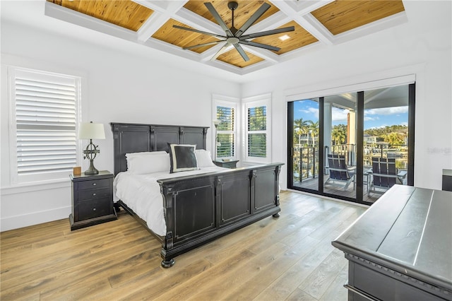 bedroom featuring wood ceiling, beamed ceiling, coffered ceiling, and access to outside