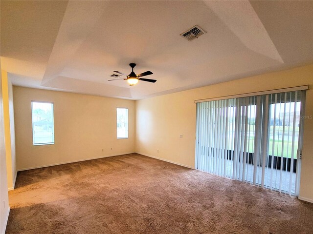 carpeted empty room featuring a raised ceiling, a wealth of natural light, and ceiling fan