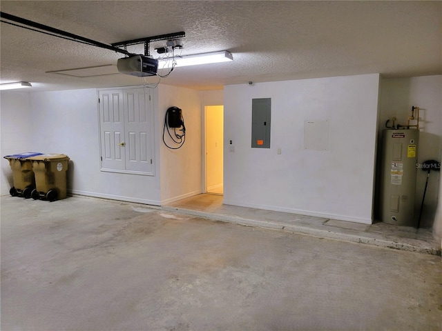 garage featuring a garage door opener, electric panel, and electric water heater