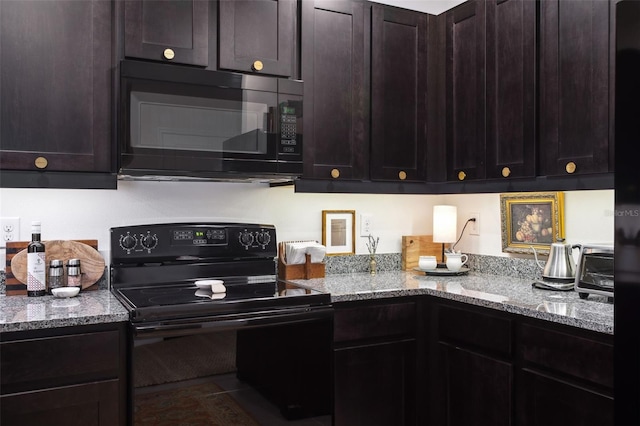 kitchen with dark brown cabinets, light stone counters, and black appliances