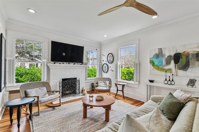 living room with hardwood / wood-style flooring, crown molding, a wealth of natural light, and a fireplace