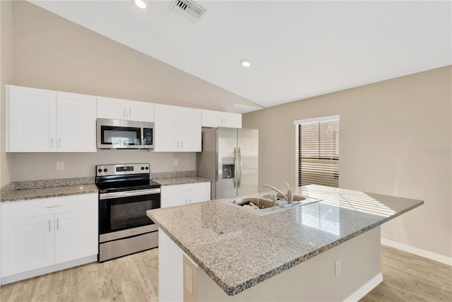 kitchen featuring stainless steel appliances, an island with sink, sink, and white cabinets