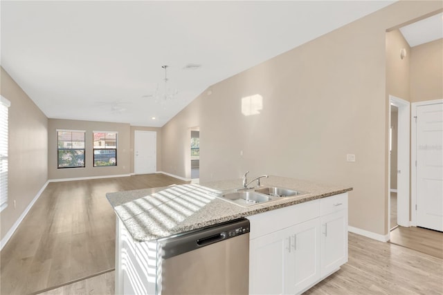 kitchen with lofted ceiling, sink, white cabinetry, a kitchen island with sink, and stainless steel dishwasher