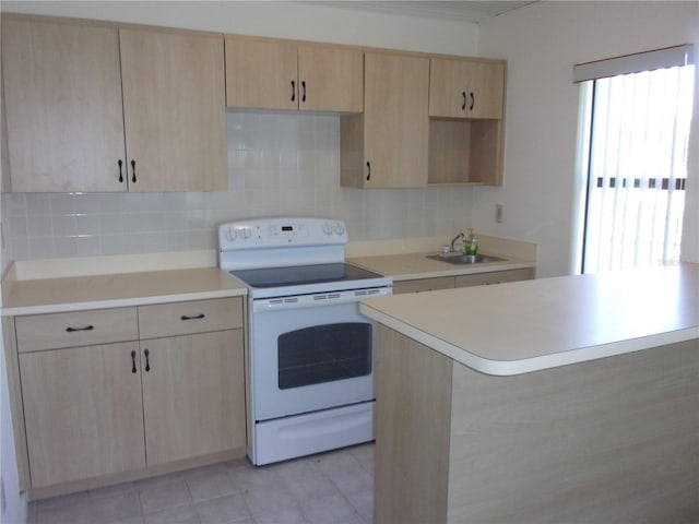 kitchen featuring sink, light tile patterned floors, light brown cabinets, electric stove, and decorative backsplash