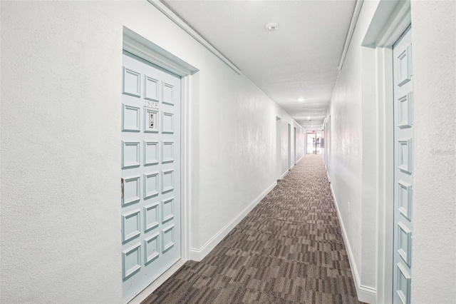 corridor with dark colored carpet