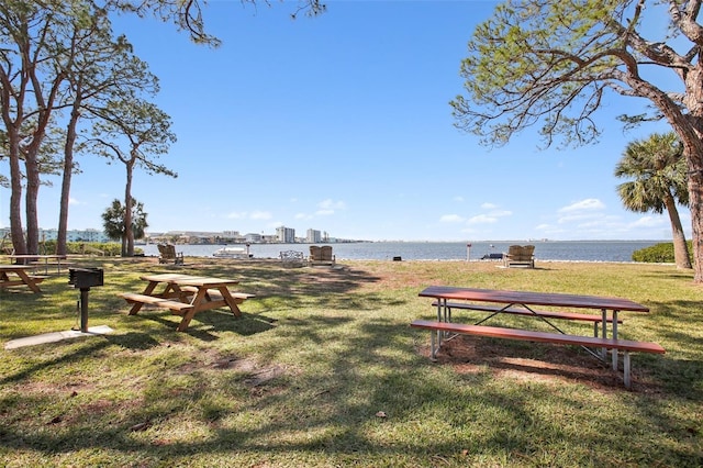 view of home's community with a yard and a water view