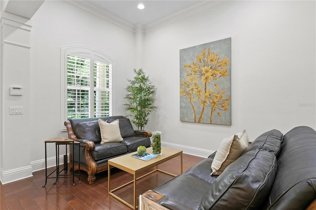 living room with ornamental molding and dark hardwood / wood-style flooring