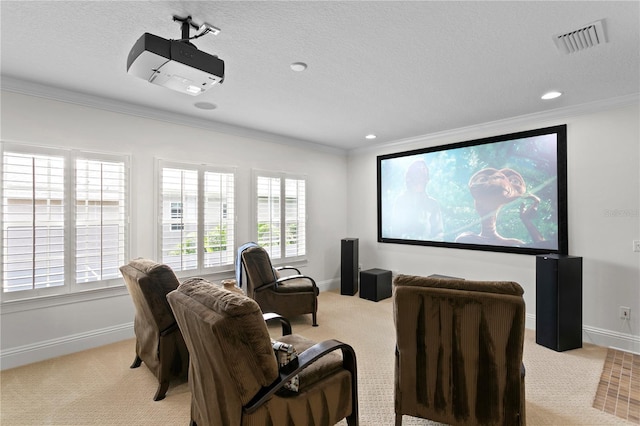 carpeted cinema with crown molding and a textured ceiling