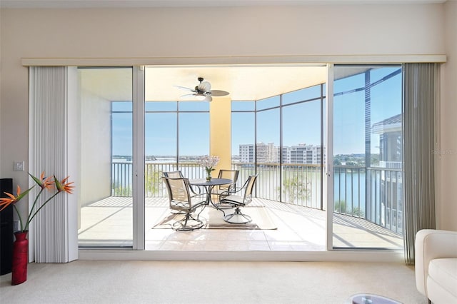 doorway featuring a water view, carpet flooring, and a wealth of natural light