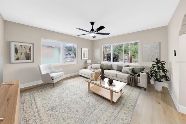 living room featuring ceiling fan and light wood-type flooring