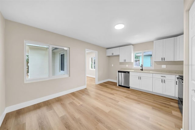 kitchen featuring white cabinetry, sink, light hardwood / wood-style floors, and dishwasher