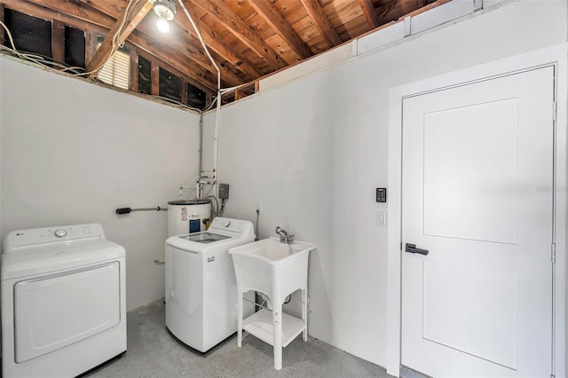 laundry area featuring electric water heater and washer and dryer