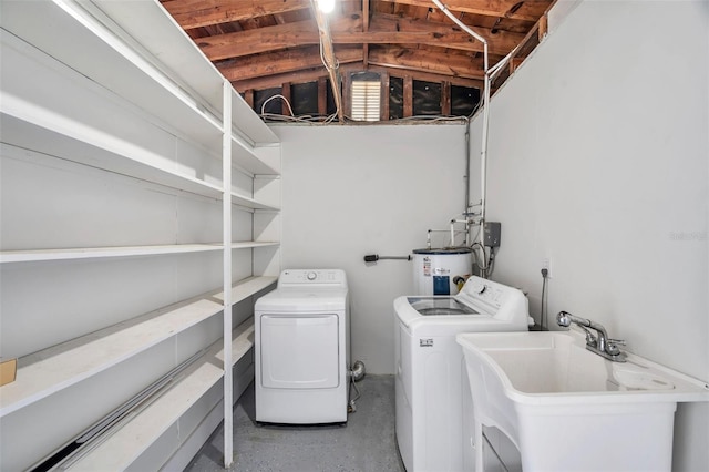 laundry room with water heater, sink, and washing machine and dryer