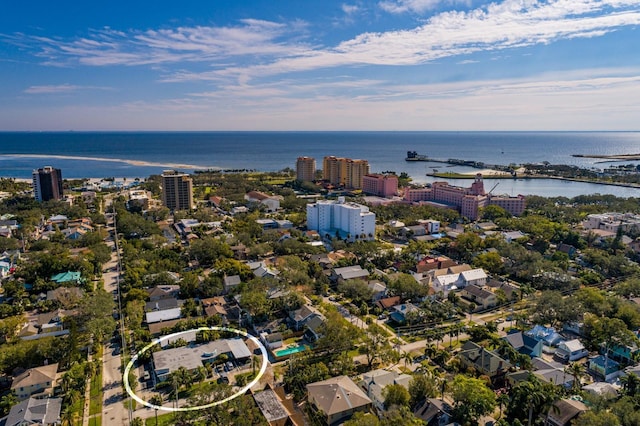 aerial view featuring a view of city and a water view