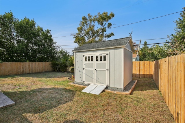 view of shed featuring a fenced backyard