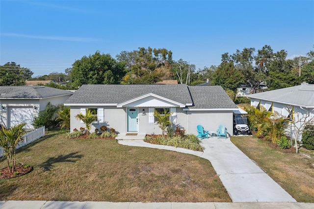 single story home featuring fence, a front lawn, and stucco siding