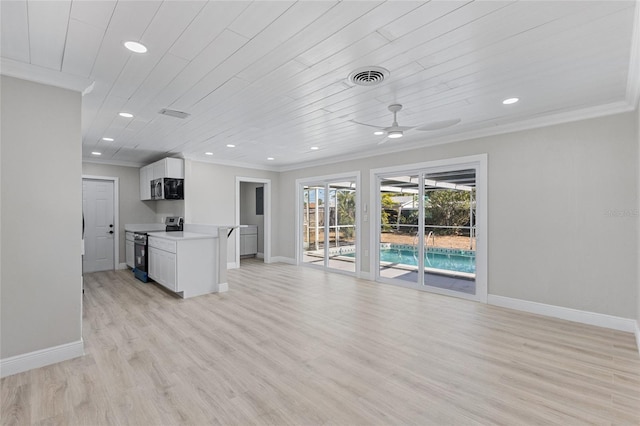 kitchen featuring white cabinetry, ornamental molding, light hardwood / wood-style floors, stainless steel appliances, and wooden ceiling