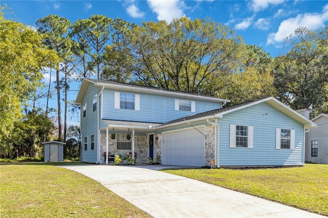 view of property with a garage, a shed, and a front yard