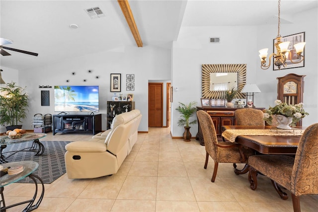 living room with high vaulted ceiling, beam ceiling, ceiling fan with notable chandelier, and light tile patterned floors