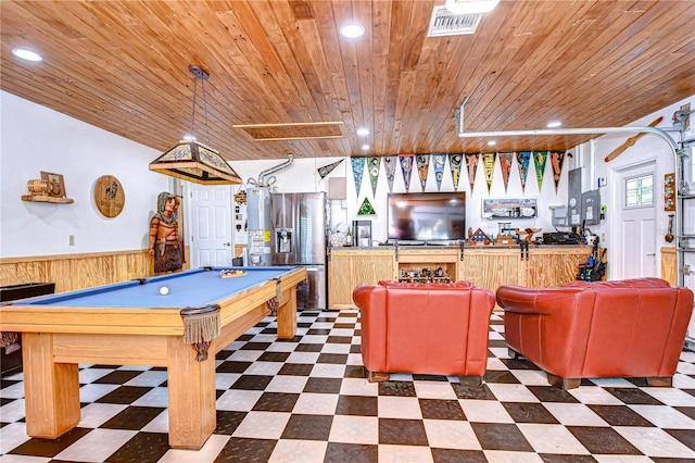 rec room featuring wood ceiling, billiards, and wood walls