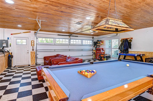 game room featuring billiards and wooden ceiling