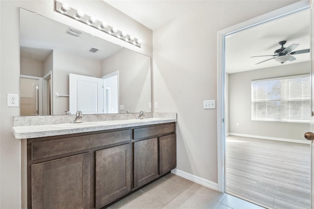 bathroom featuring ceiling fan, vanity, and tile patterned floors