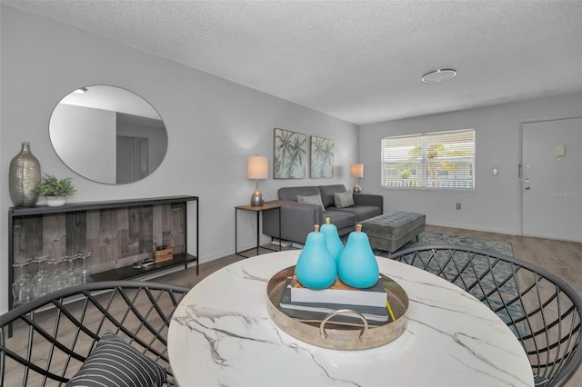 living room featuring a textured ceiling, baseboards, and wood finished floors