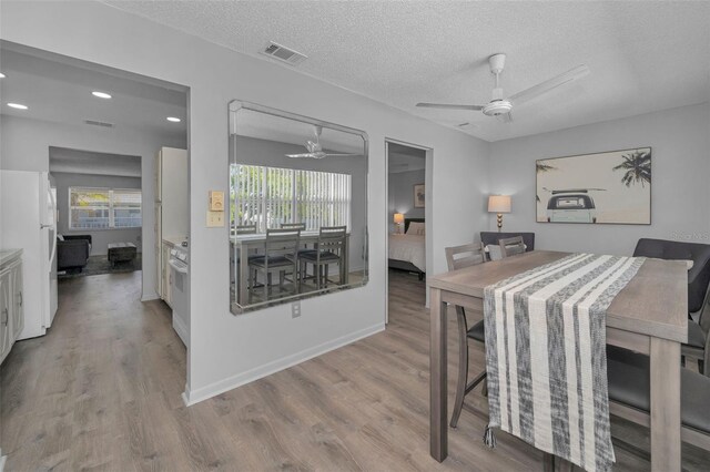 dining area featuring ceiling fan, a wealth of natural light, wood finished floors, and visible vents