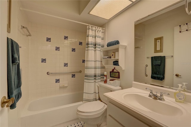 full bathroom featuring vanity, shower / bath combo with shower curtain, and toilet