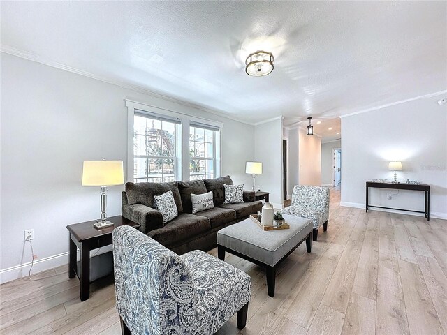 living area featuring a textured ceiling, crown molding, baseboards, and light wood-style floors