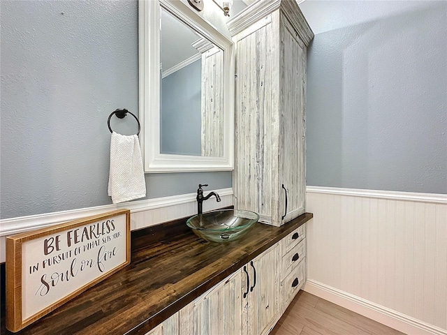 bathroom with a wainscoted wall, wood finished floors, and vanity