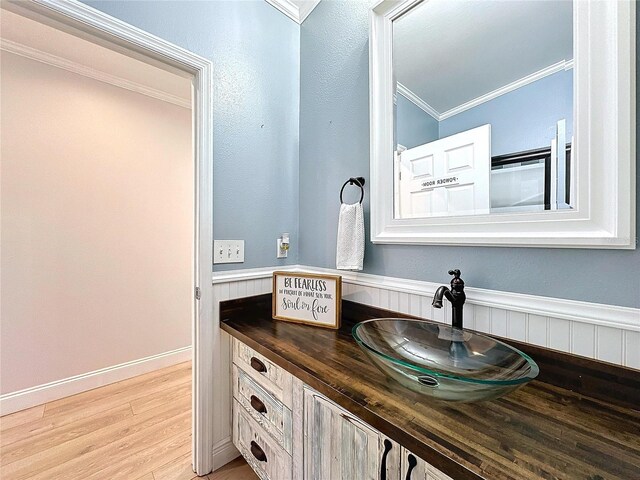 bathroom featuring ornamental molding, a wainscoted wall, vanity, and wood finished floors