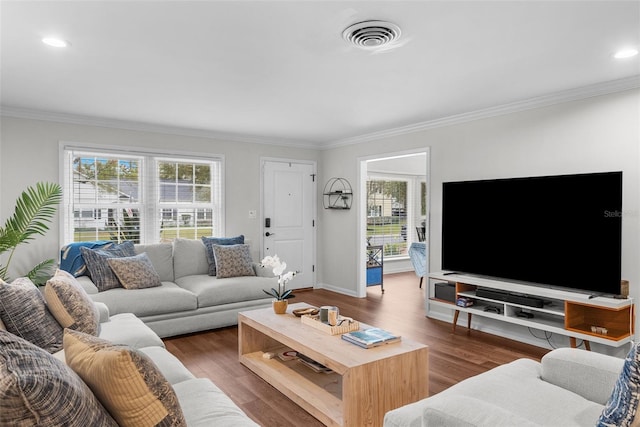 living room with ornamental molding and wood-type flooring