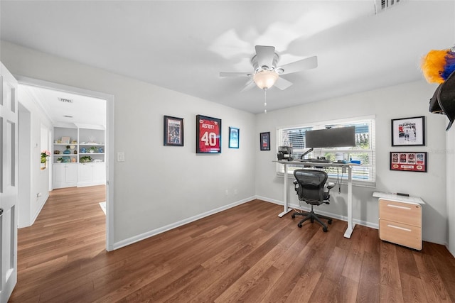 home office featuring ceiling fan, dark hardwood / wood-style floors, and built in features