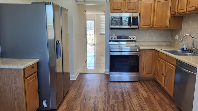 kitchen with dark wood-type flooring, appliances with stainless steel finishes, sink, and decorative backsplash