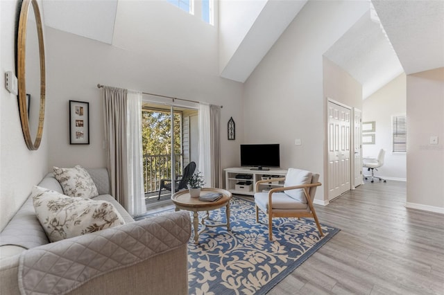 living room featuring hardwood / wood-style flooring and a towering ceiling