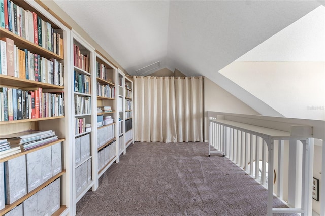 bonus room with lofted ceiling, dark carpet, and built in features