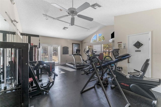 workout area with lofted ceiling, a healthy amount of sunlight, and a textured ceiling