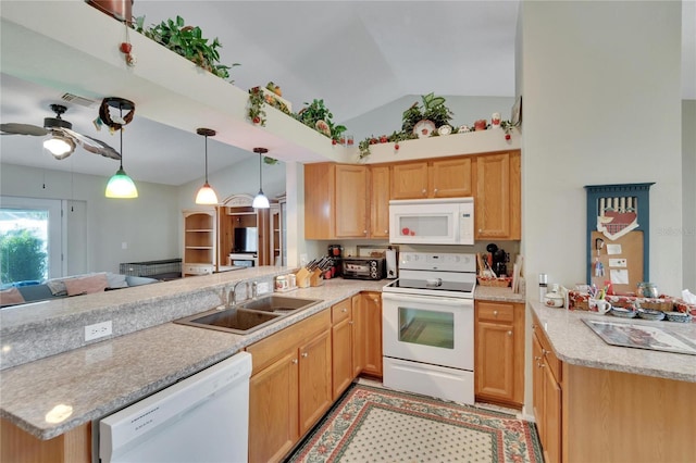 kitchen with lofted ceiling, sink, hanging light fixtures, kitchen peninsula, and white appliances